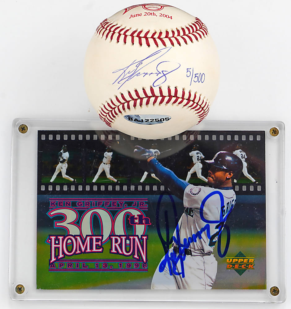 Ken Griffey Jr. Signed Pair with 500 Home Run LE (#5/500) Baseball (UDA) & 300th Home Run Oversized Card
