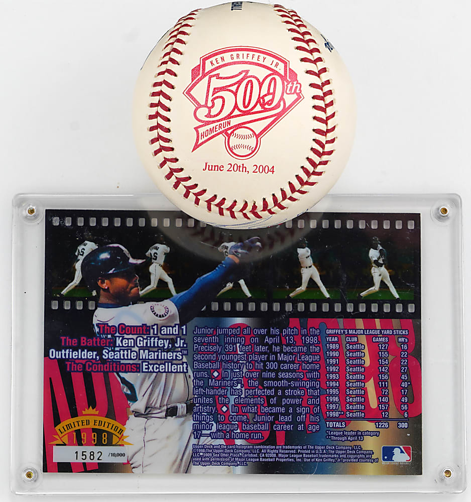 Ken Griffey Jr. Signed Pair with 500 Home Run LE (#5/500) Baseball (UDA) & 300th Home Run Oversized Card