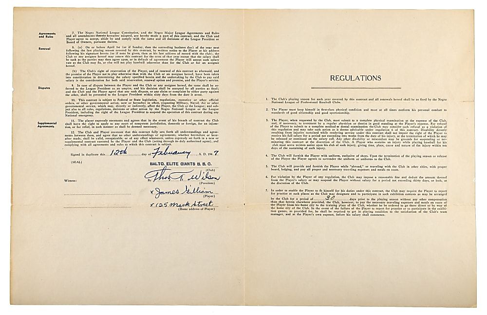 1947 Jim Gilliam Signed Baltimore Elite Giants Negro National League Uniform Players Contract - JSA LOA