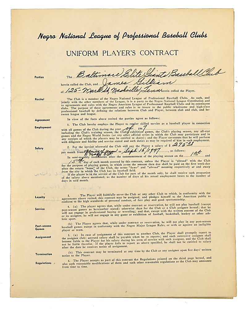 1947 Jim Gilliam Signed Baltimore Elite Giants Negro National League Uniform Players Contract - JSA LOA
