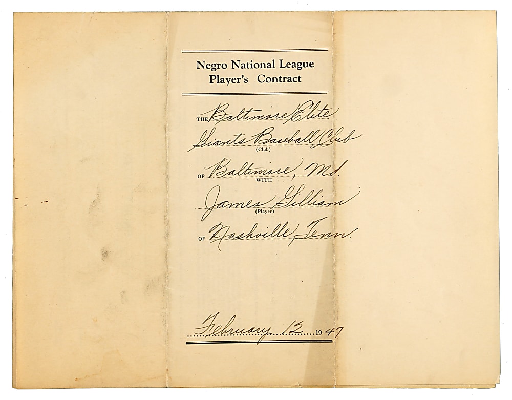 1947 Jim Gilliam Signed Baltimore Elite Giants Negro National League Uniform Players Contract - JSA LOA