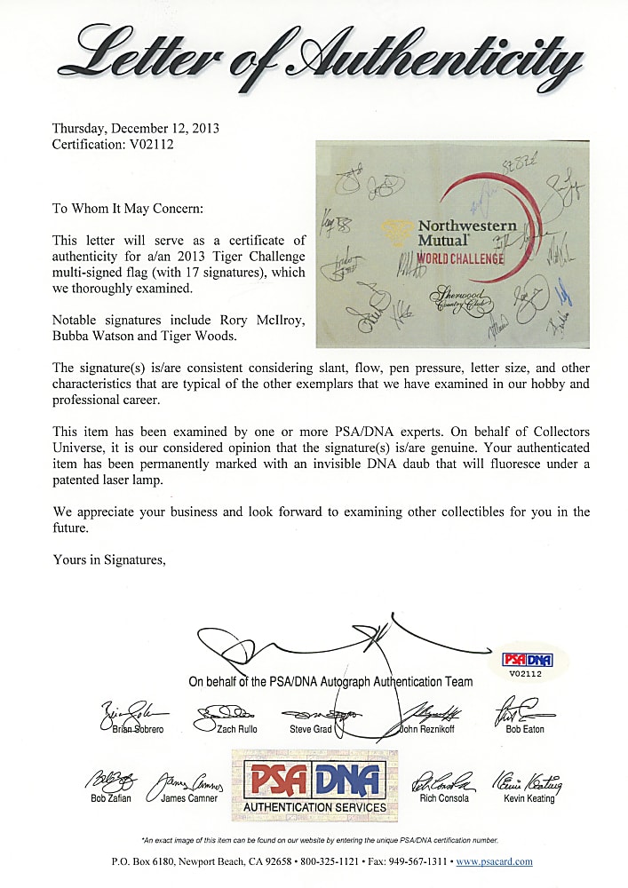 2013 Northwestern Mutual World Challenge Multi-Signed & Framed Flag with (17) Signatures Including Tiger Woods, Rory McIlroy, Bubba Watson - Full PSA LOA