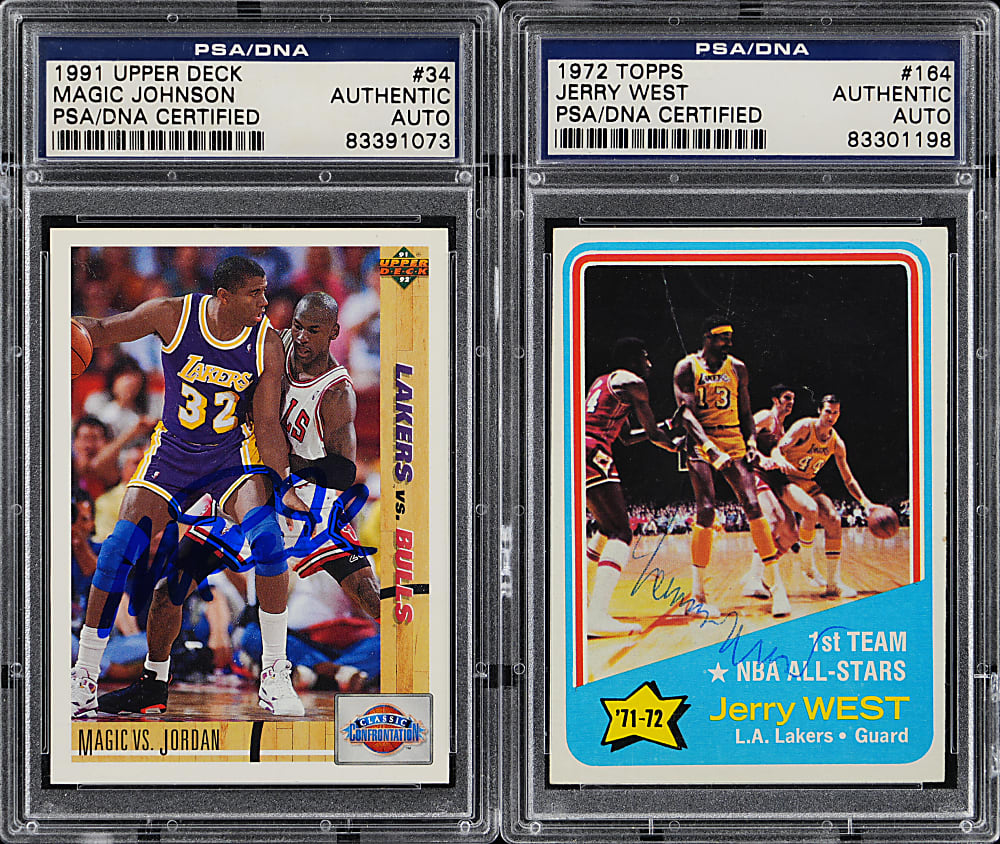 Los Angeles Lakers Hall of Fame Signed Card Pair with 1972-1973 Topps Jerry West & 1991-1992 Upper Deck Magic Johnson - Both PSA/DNA Authentic