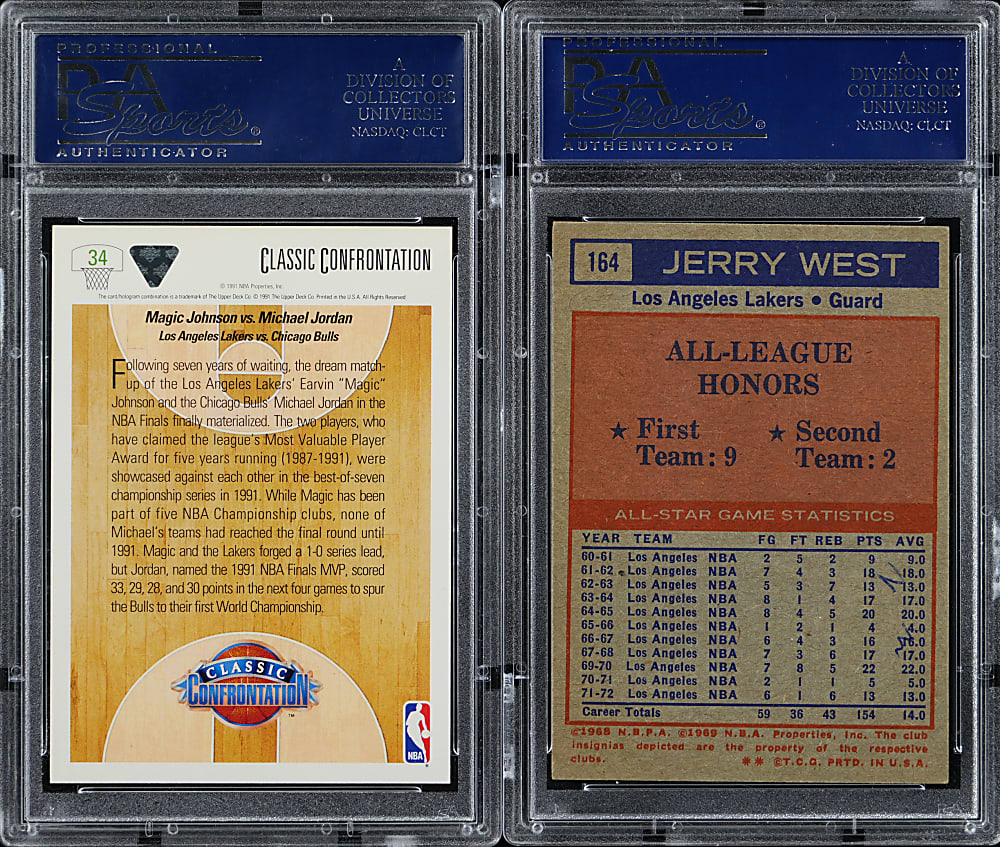 Los Angeles Lakers Hall of Fame Signed Card Pair with 1972-1973 Topps Jerry West & 1991-1992 Upper Deck Magic Johnson - Both PSA/DNA Authentic