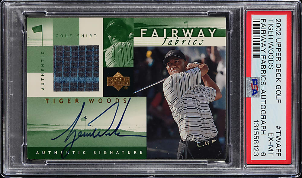 2002 Upper Deck Golf #TWAFF Tiger Woods Fairway Fabrics Certified Autograph/Shirt PSA EX-MT 6