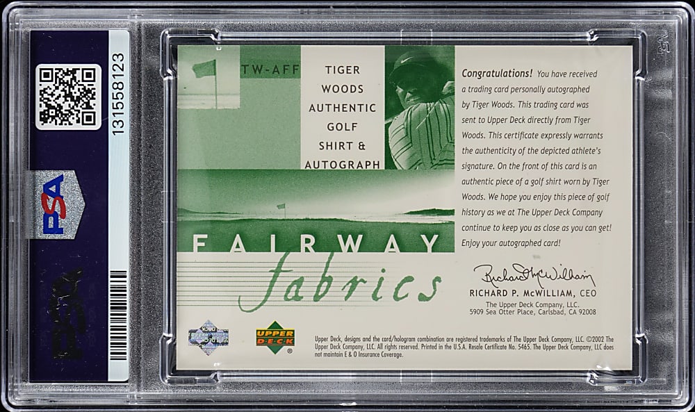 2002 Upper Deck Golf #TWAFF Tiger Woods Fairway Fabrics Certified Autograph/Shirt PSA EX-MT 6