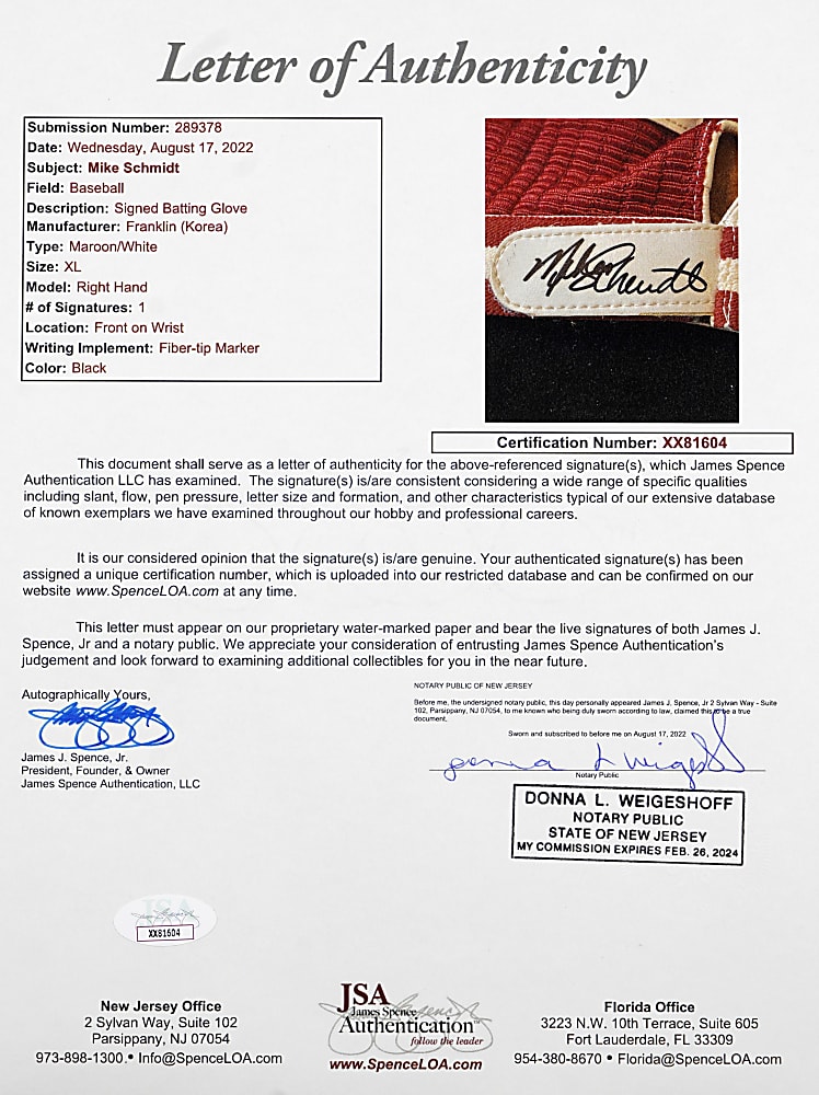 1980s Mike Schmidt Philadelphia Phillies Signed Game-Used Batting Glove - Full JSA