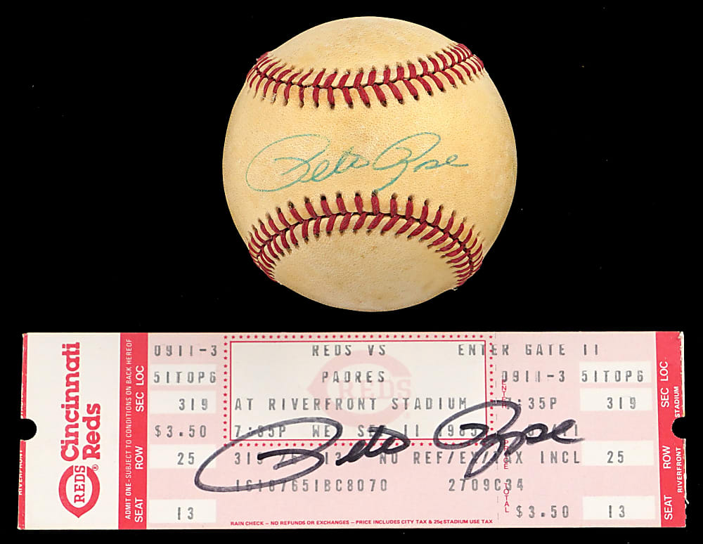 Pete Rose Signed Pair with All-Time Hits Record Full Ticket & Single-Signed ONL/Feeney Baseball