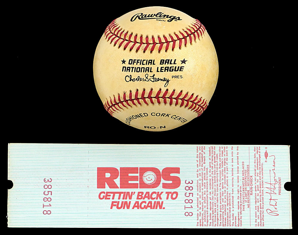 Pete Rose Signed Pair with All-Time Hits Record Full Ticket & Single-Signed ONL/Feeney Baseball