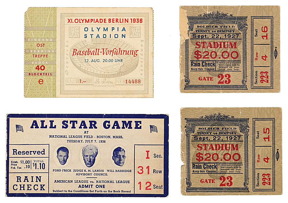 1927-1936 Multi-Sport Historical Ticket Stub Group (4) with (2) 1927 Tunney/Dempsey Fight
