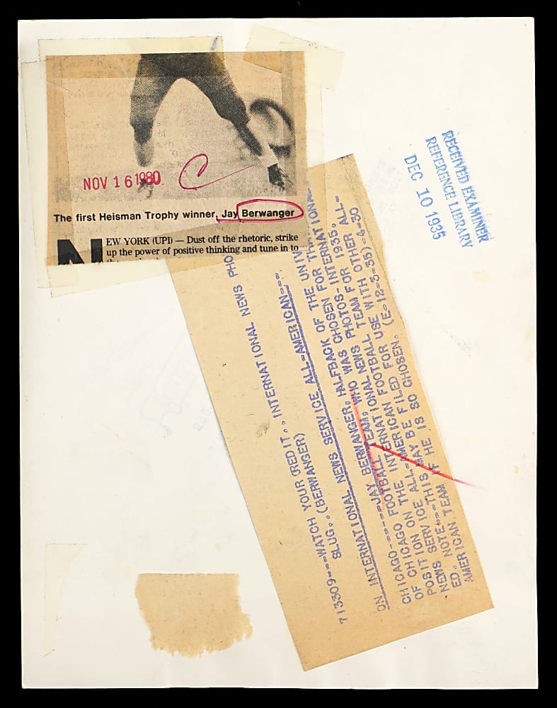 Jay Berwanger Photograph Pair with 1935 News Service & Signed 8x10 Photo