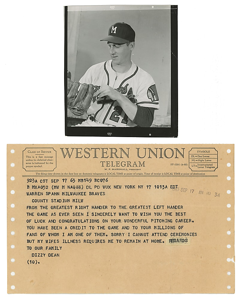 1956-1963 Warren Spahn Pair with File Photo & Telegram to Dizzy Dean