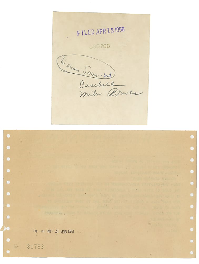1956-1963 Warren Spahn Pair with File Photo & Telegram to Dizzy Dean