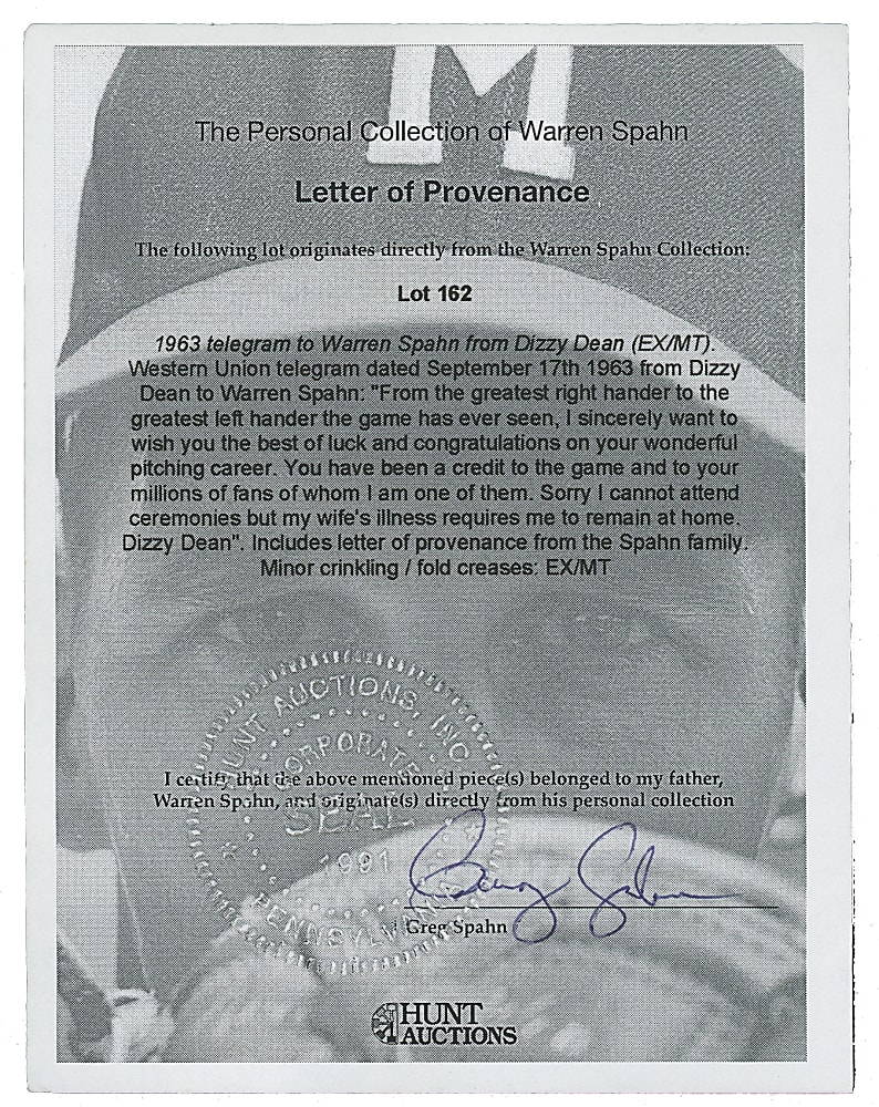 1956-1963 Warren Spahn Pair with File Photo & Telegram to Dizzy Dean