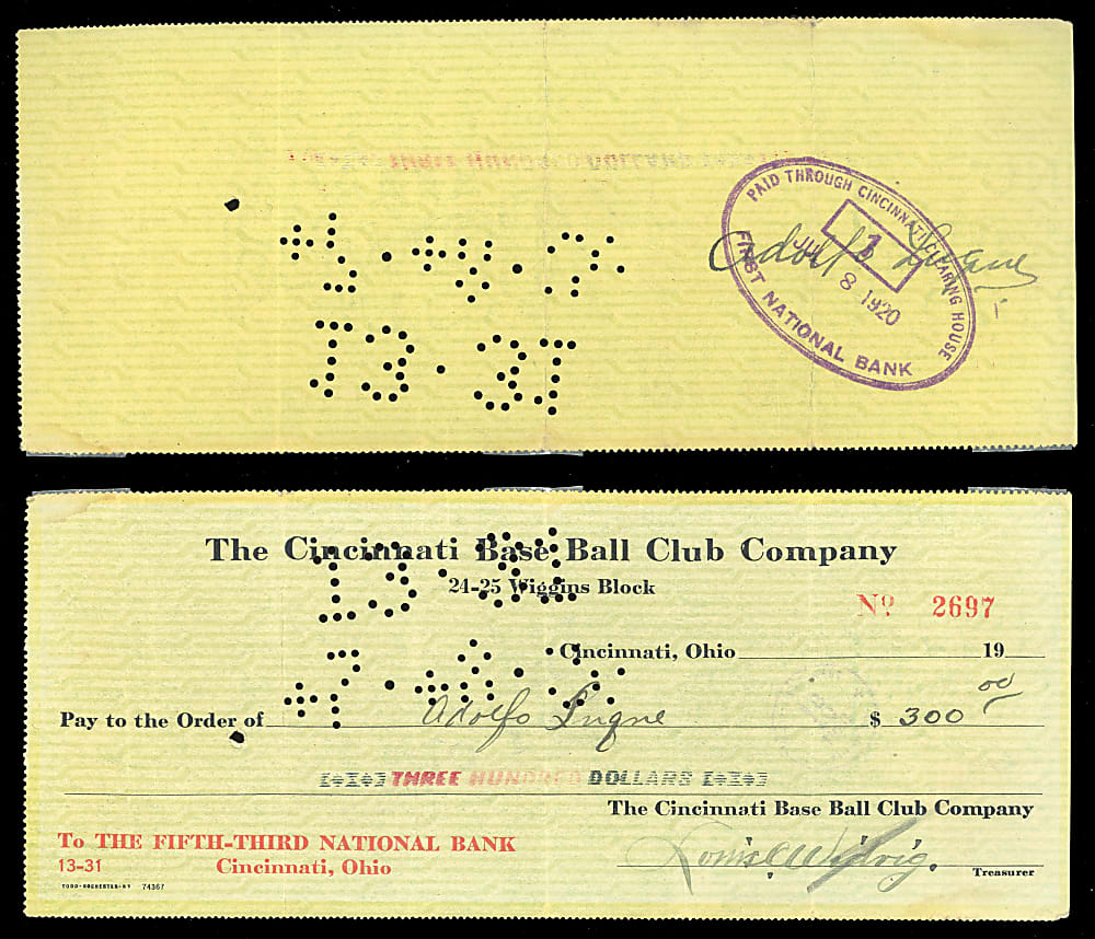 1920 Adolfo "Dolf" Luque Signed Cincinnati Reds Payroll Check - 1919 World Series Champ