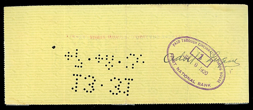 1920 Adolfo "Dolf" Luque Signed Cincinnati Reds Payroll Check - 1919 World Series Champ