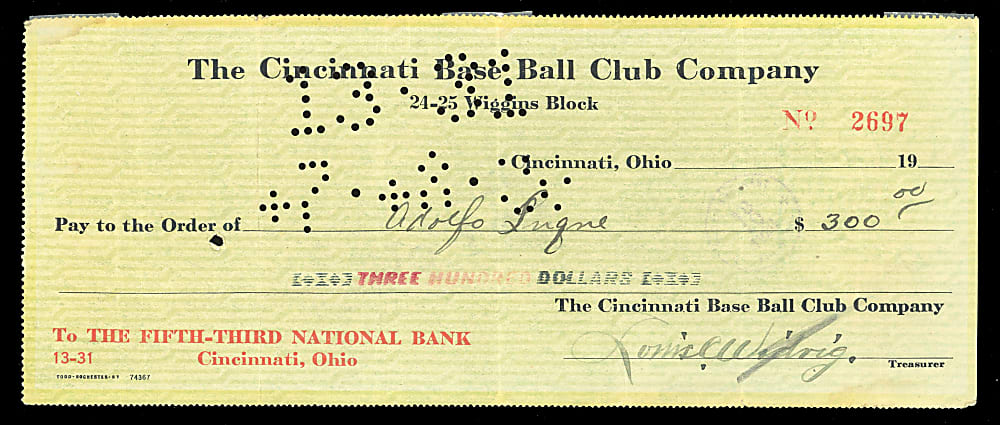 1920 Adolfo "Dolf" Luque Signed Cincinnati Reds Payroll Check - 1919 World Series Champ
