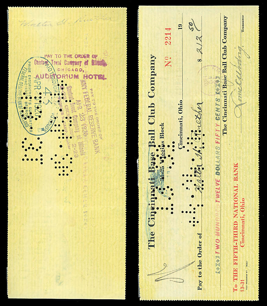 1920 Dutch Ruether Signed Cincinnati Reds Payroll Check - 1919 World Series Champ