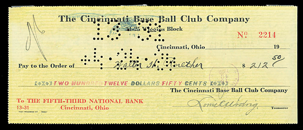 1920 Dutch Ruether Signed Cincinnati Reds Payroll Check - 1919 World Series Champ