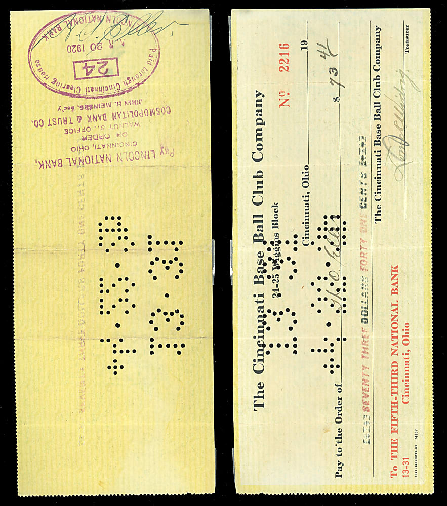 1920 Hod Eller Signed Cincinnati Reds Payroll Check - 1919 World Series Champ