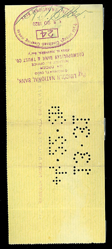 1920 Hod Eller Signed Cincinnati Reds Payroll Check - 1919 World Series Champ