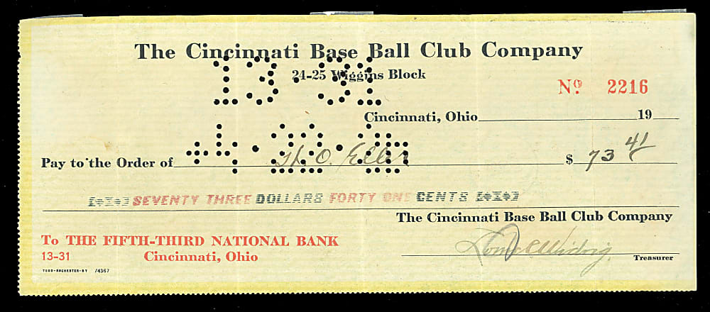 1920 Hod Eller Signed Cincinnati Reds Payroll Check - 1919 World Series Champ