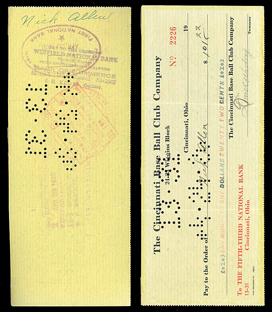 1920 Nick Allen Signed Cincinnati Reds Payroll Check - 1919 World Series Champ