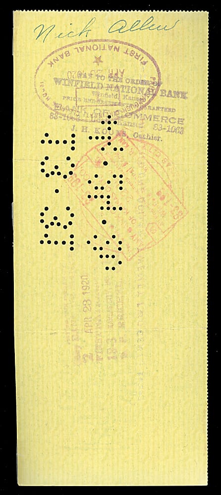 1920 Nick Allen Signed Cincinnati Reds Payroll Check - 1919 World Series Champ