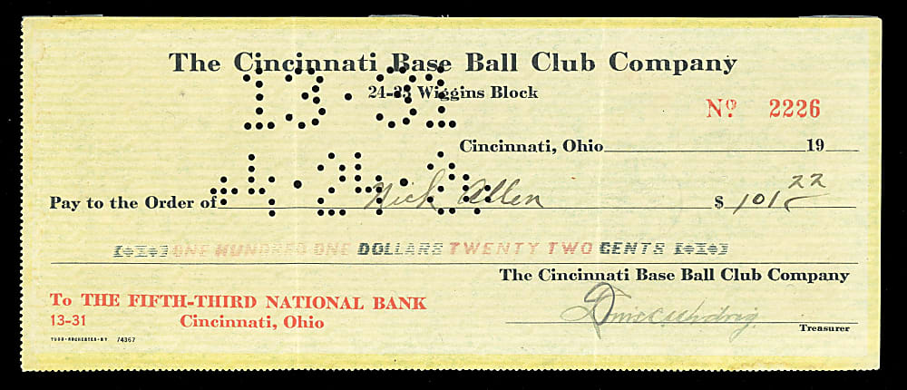 1920 Nick Allen Signed Cincinnati Reds Payroll Check - 1919 World Series Champ
