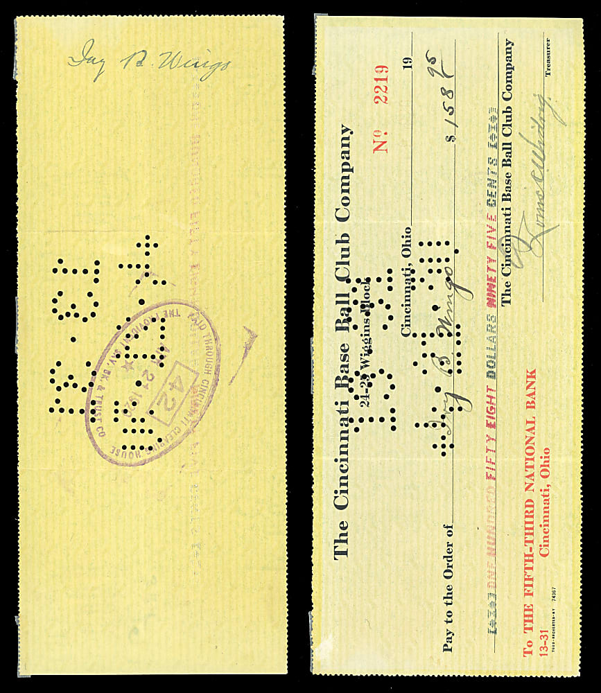 1920 Ivey Wingo Signed Cincinnati Reds Payroll Check - 1919 World Series Champ