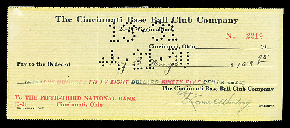 1920 Ivey Wingo Signed Cincinnati Reds Payroll Check - 1919 World Series Champ