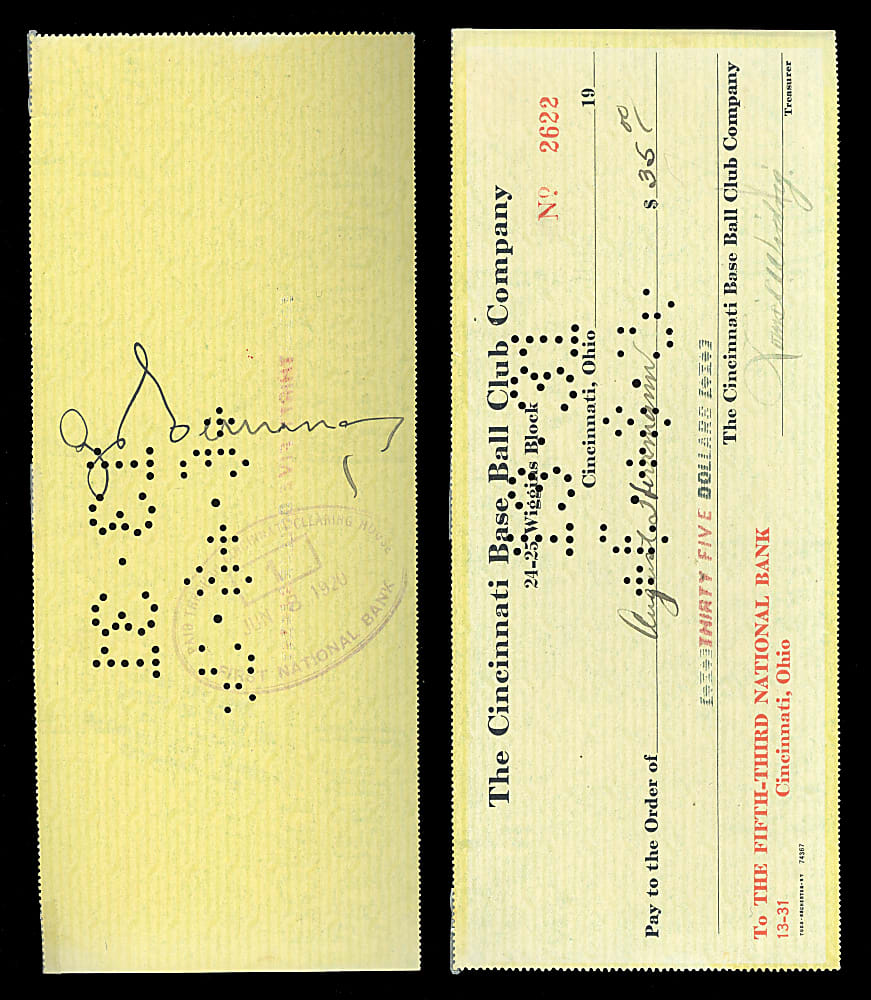 1920 August "Garry" Herrmann Signed Cincinnati Reds Payroll Check - 1919 World Series Champ