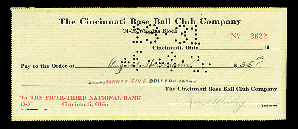 1920 August "Garry" Herrmann Signed Cincinnati Reds Payroll Check - 1919 World Series Champ