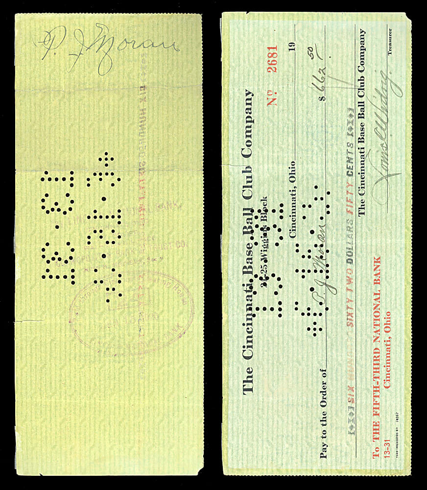 Extremely Scarce 1920 Pat Moran (deceased 1924) Signed Cincinnati Reds Payroll Check - 1919 World Series Champ