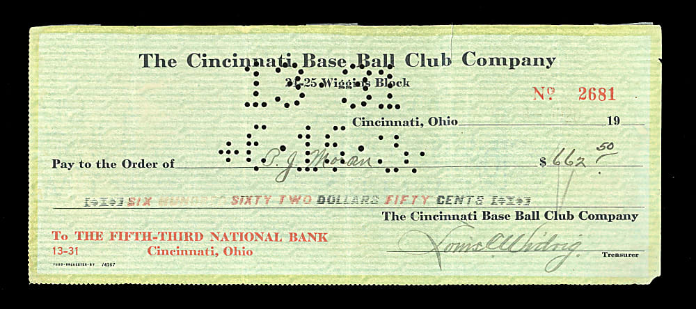Extremely Scarce 1920 Pat Moran (deceased 1924) Signed Cincinnati Reds Payroll Check - 1919 World Series Champ