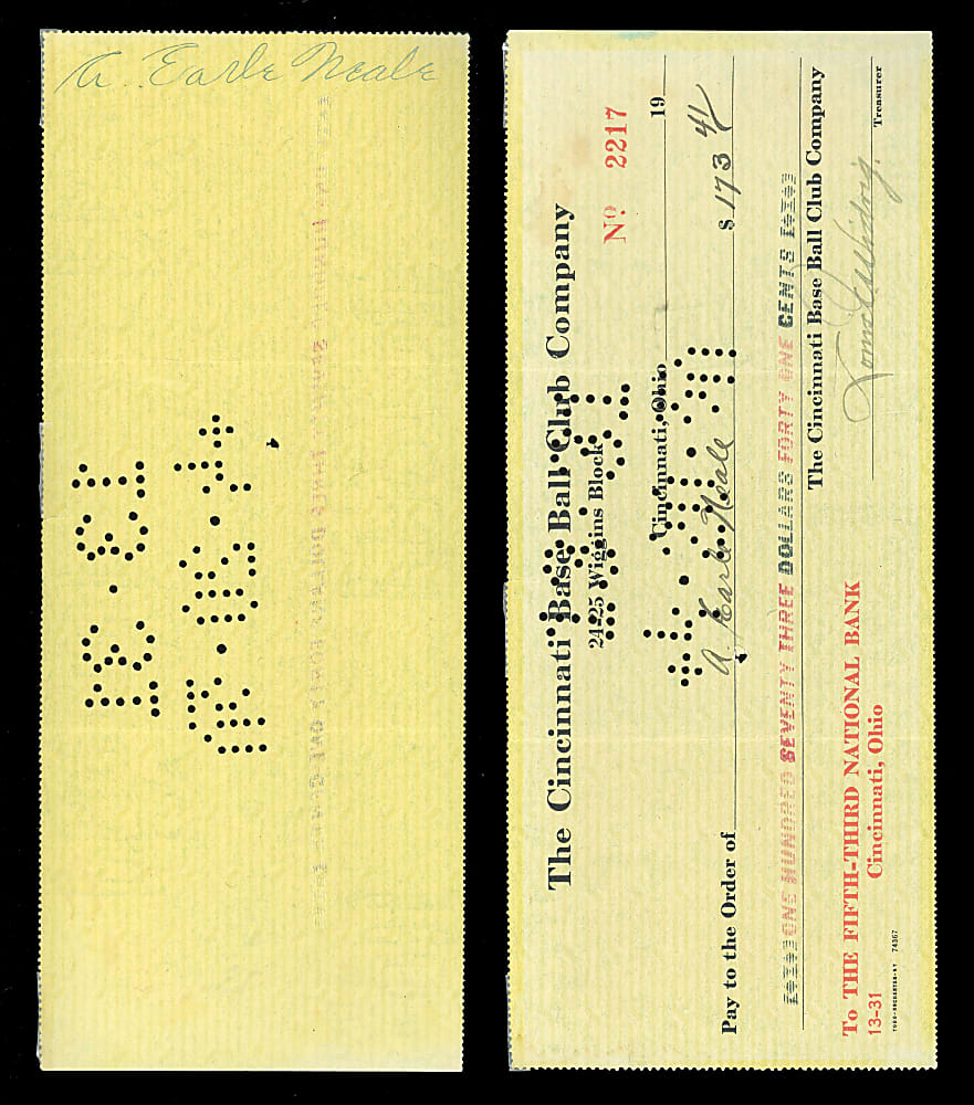 1920 Greasy Neale Signed Cincinnati Reds Payroll Check - 1919 World Series Champ