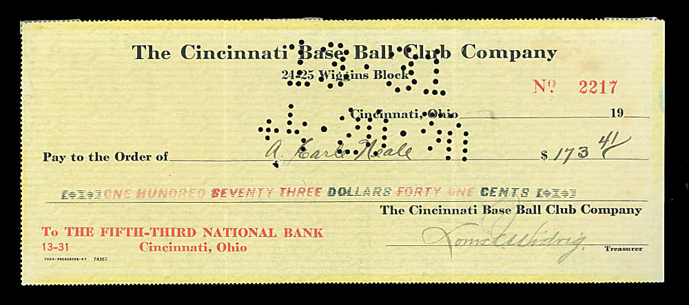 1920 Greasy Neale Signed Cincinnati Reds Payroll Check - 1919 World Series Champ