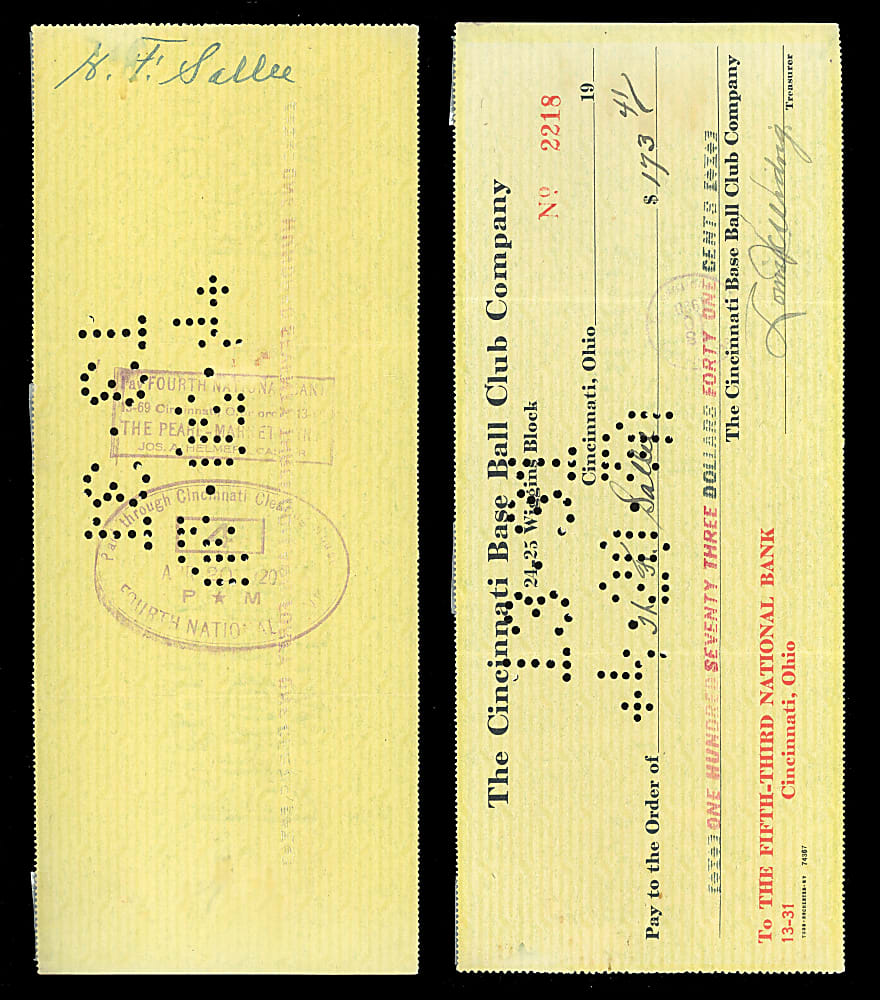 1920 Slim Sallee Signed Cincinnati Reds Payroll Check - 1919 World Series Champ