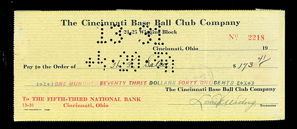 1920 Slim Sallee Signed Cincinnati Reds Payroll Check - 1919 World Series Champ