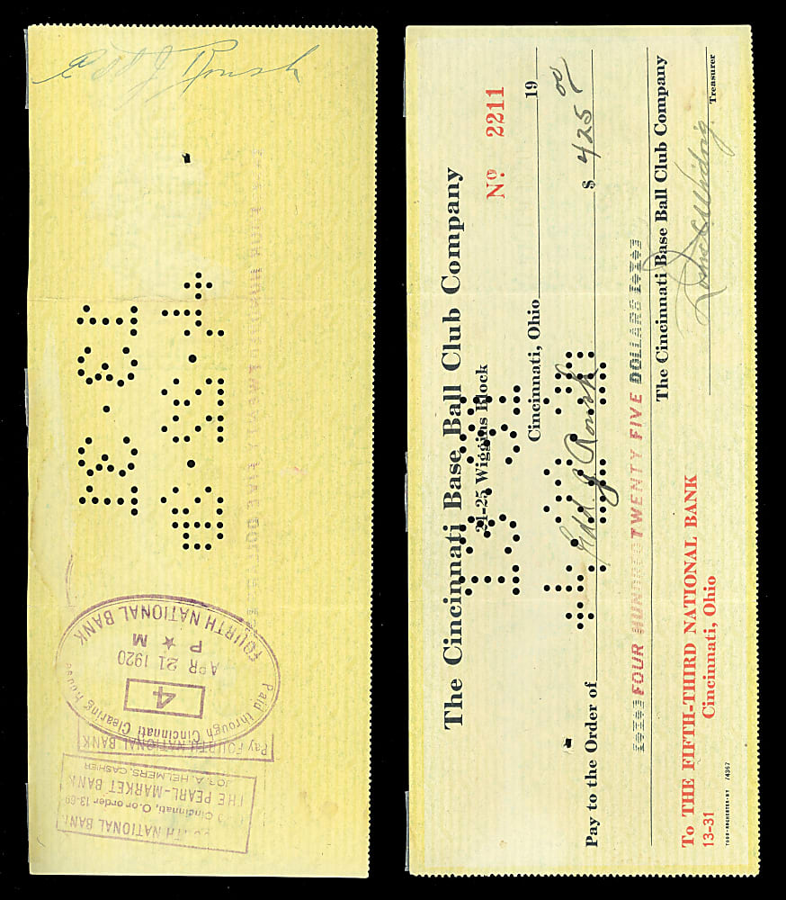 1920 Edd Roush Signed Cincinnati Reds Payroll Check - 1919 World Series Champ