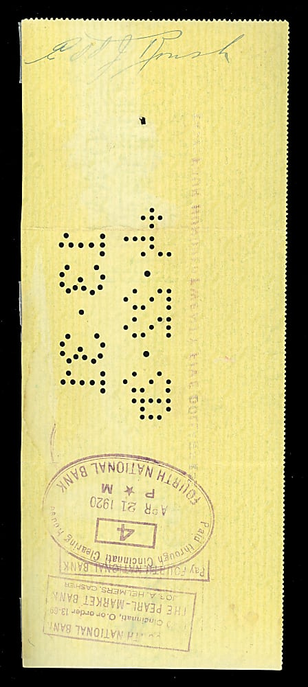 1920 Edd Roush Signed Cincinnati Reds Payroll Check - 1919 World Series Champ