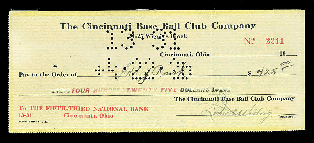 1920 Edd Roush Signed Cincinnati Reds Payroll Check - 1919 World Series Champ