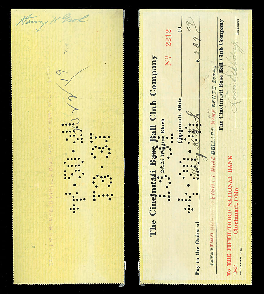 1920 Heinie Groh Signed Cincinnati Reds Payroll Check - 1919 World Series Champ