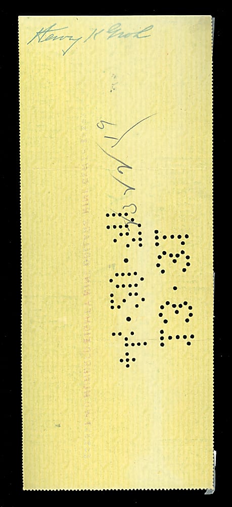 1920 Heinie Groh Signed Cincinnati Reds Payroll Check - 1919 World Series Champ