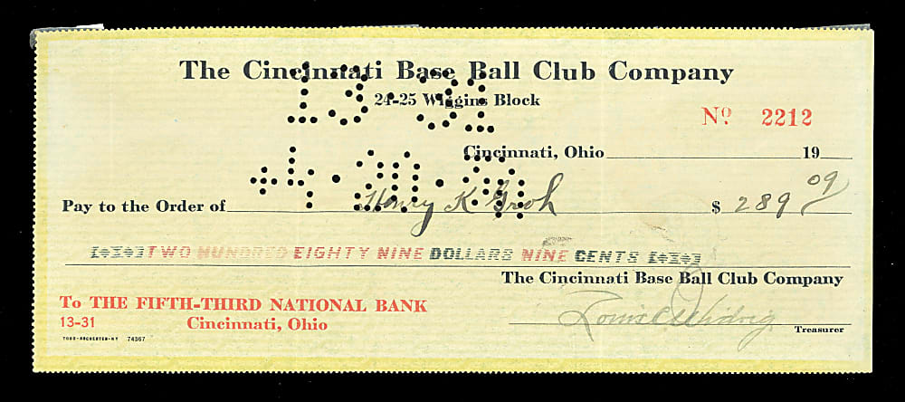 1920 Heinie Groh Signed Cincinnati Reds Payroll Check - 1919 World Series Champ