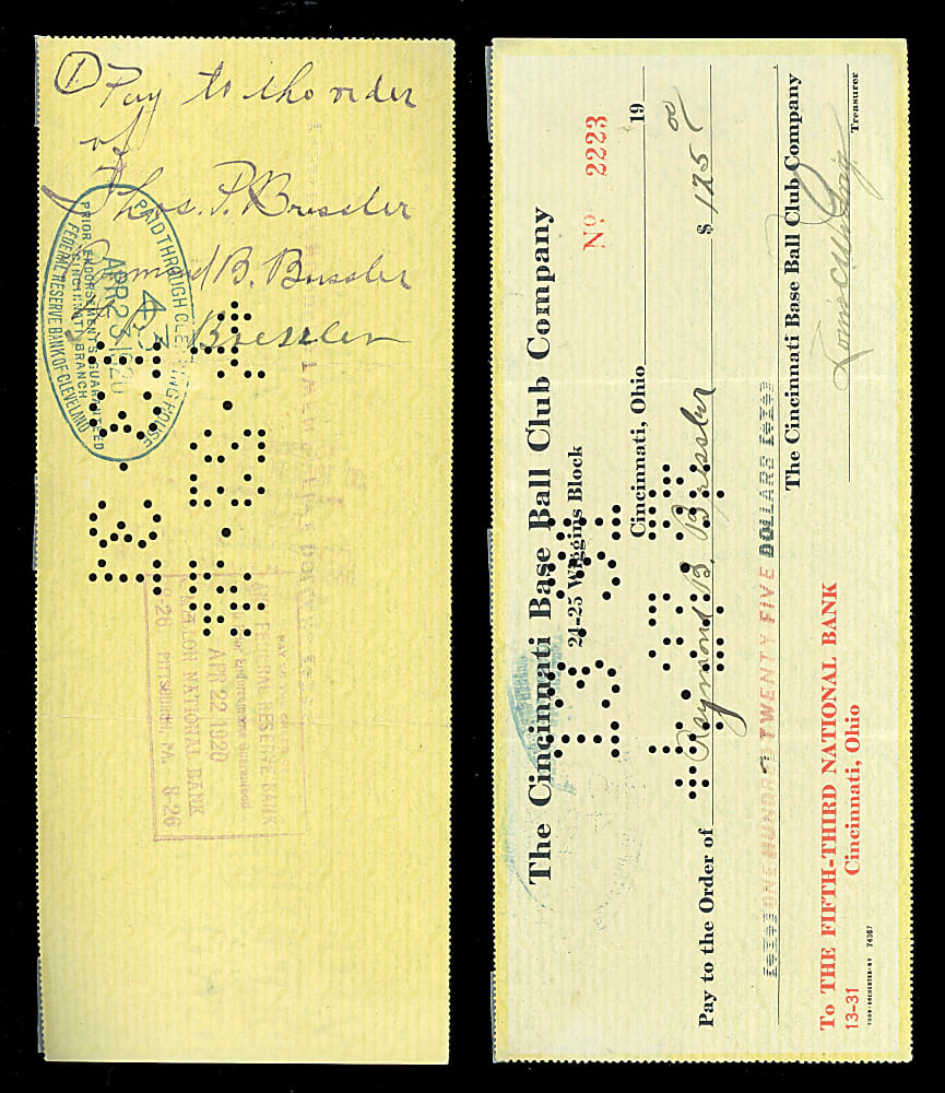 1920 Rube Bressler Cincinnati Reds Payroll Check - 1919 World Series Champion