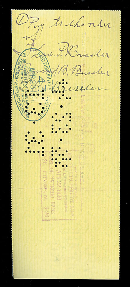 1920 Rube Bressler Cincinnati Reds Payroll Check - 1919 World Series Champion