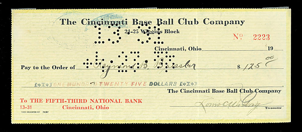 1920 Rube Bressler Cincinnati Reds Payroll Check - 1919 World Series Champion