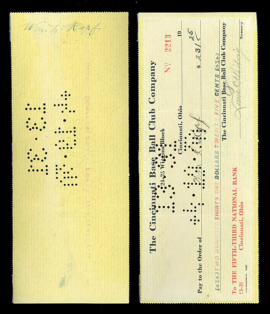 1920 Larry Kopf Signed Cincinnati Reds Payroll Check - 1919 World Series Champ