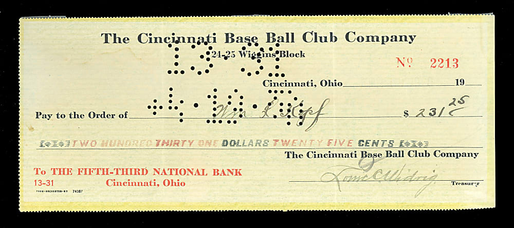 1920 Larry Kopf Signed Cincinnati Reds Payroll Check - 1919 World Series Champ
